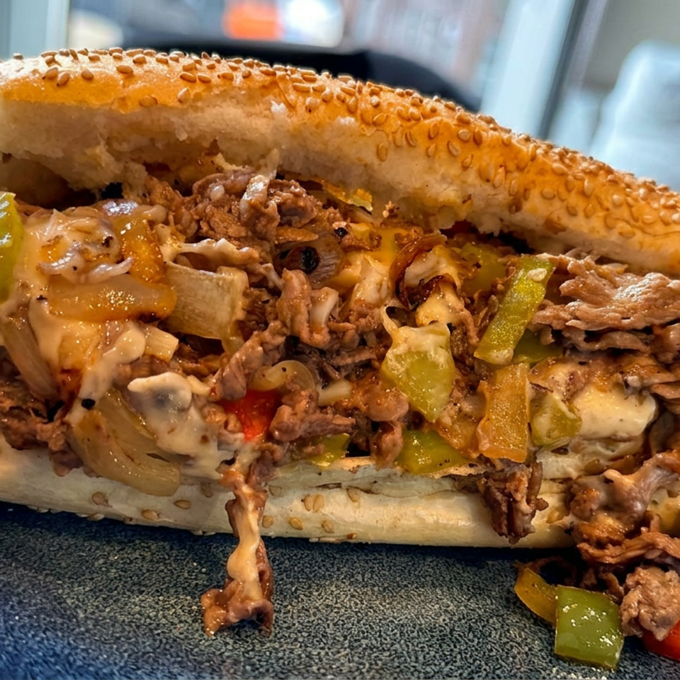 Sesame-seed sandwich stuffed with seasoned shaved meat, sautéed onions, peppers, mushrooms, and creamy sauce on a dark plate.
