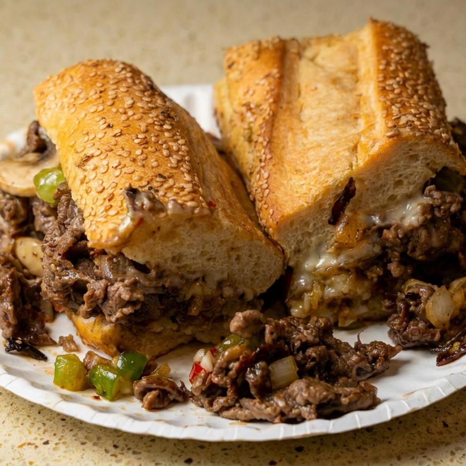 Two sesame-seed sandwiches filled with chopped beef, mushrooms, peppers, onions, and melted cheese on a paper plate.