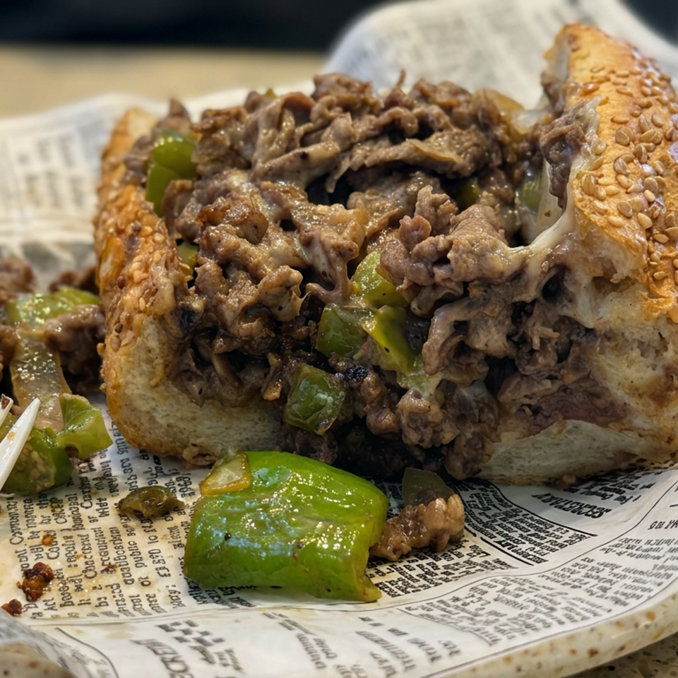 Sesame-seed sandwich filled with sliced beef, melted cheese, and green peppers, served on newspaper-lined plate.