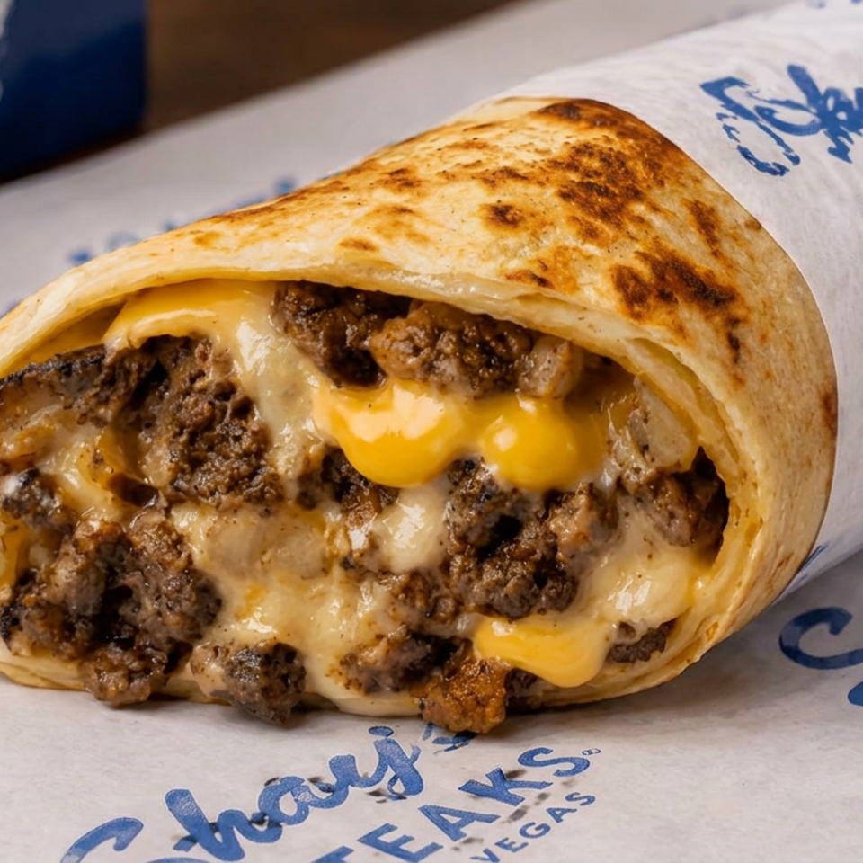 Grilled steak and cheese wrap filled with seasoned beef, melted cheese, and onions on branded Shaky's Steaks paper.