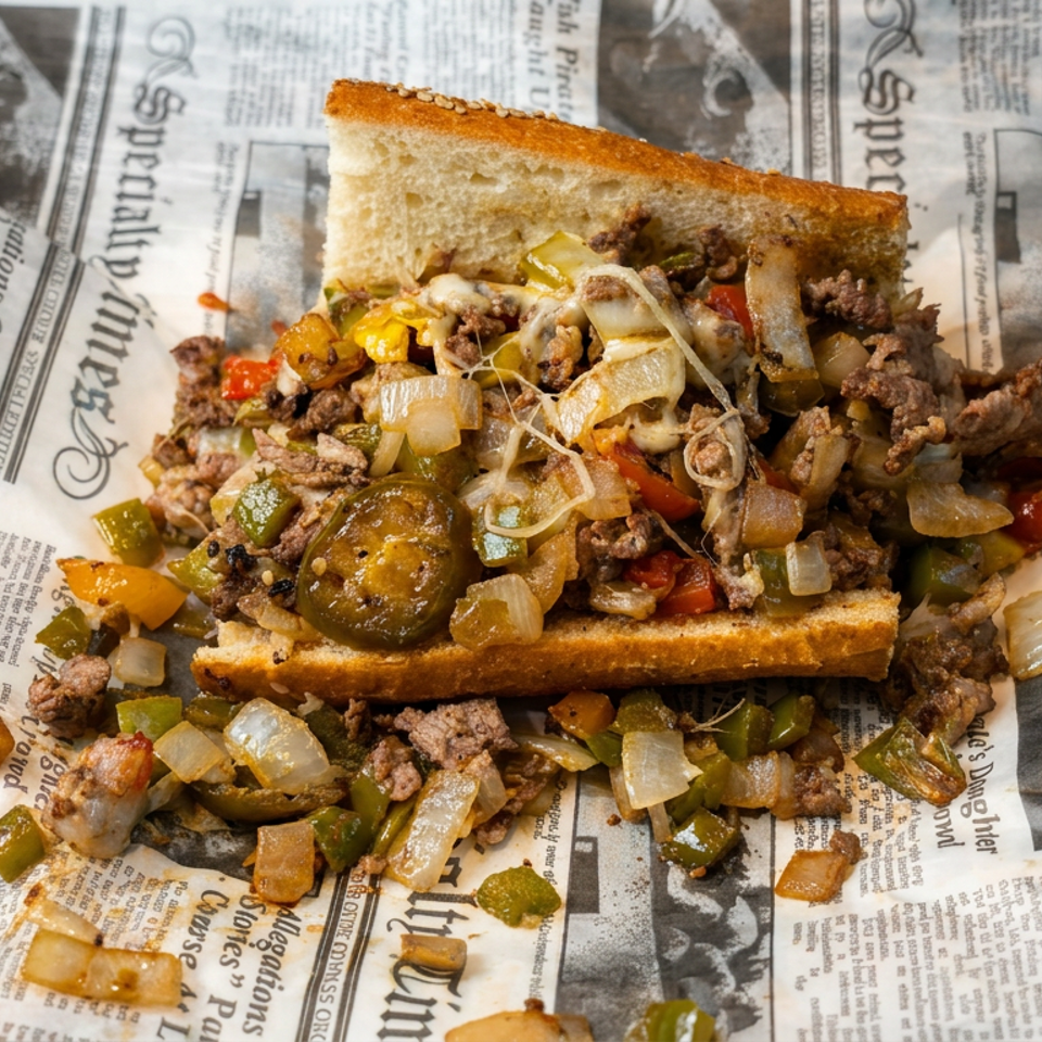Loaded cheesesteak sandwich with chopped beef, melted cheese, peppers, and onions on newspaper-lined paper.