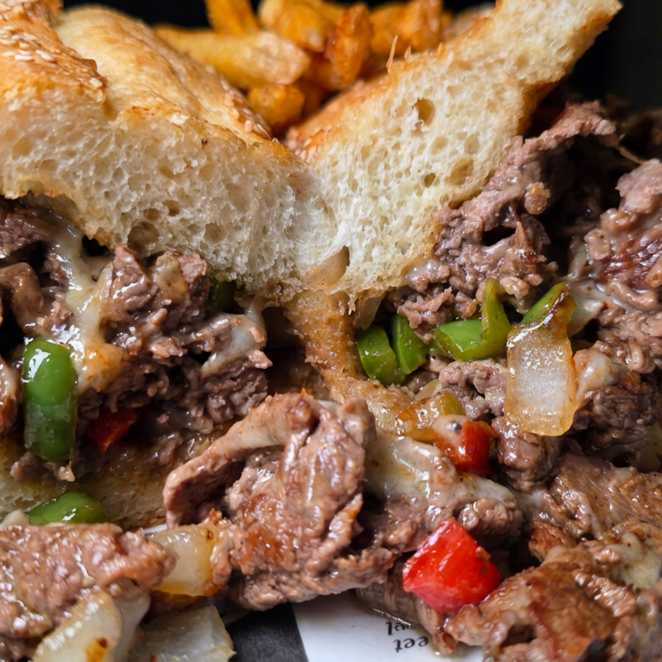 Loaded cheesesteak sandwich with sliced beef, melted cheese, peppers, onions, and fries on newspaper-lined paper.